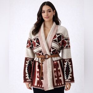Vintage 70s Prince Bellini Southwestern Aztec Belted Cardigan Sweater Coat Large